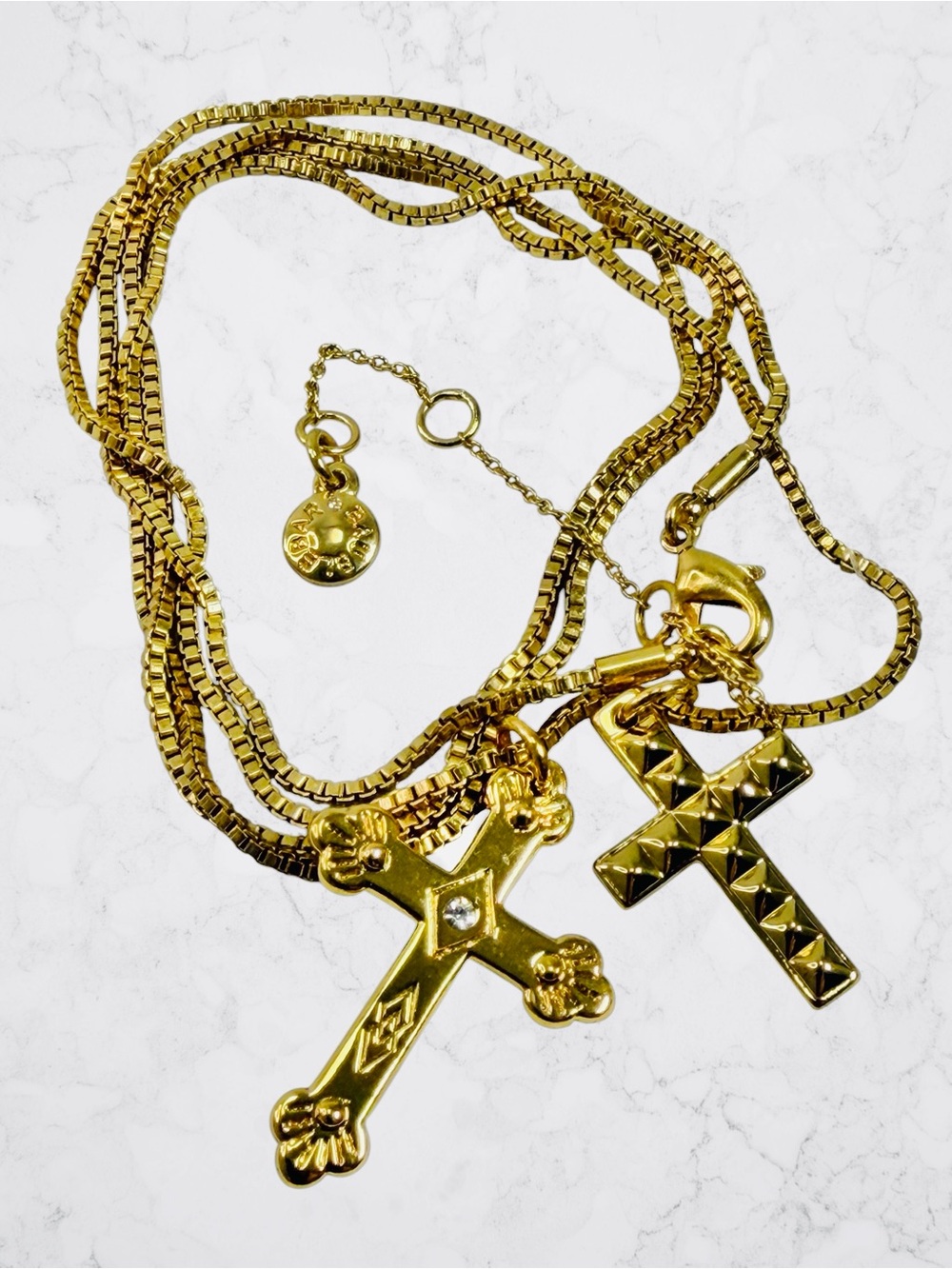 Baublebar Dual Cross Rhinestone Gold Tone Statement Necklace 28” Box Chain NWT - Picture 9 of 9